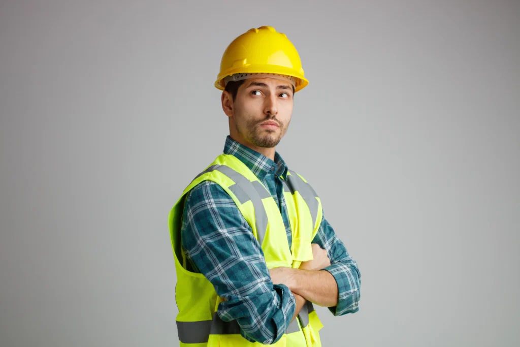 confident young male engineer wearing safety helmet uniform standing profile view looking side while keeping arms crossed isolated white background with copy space