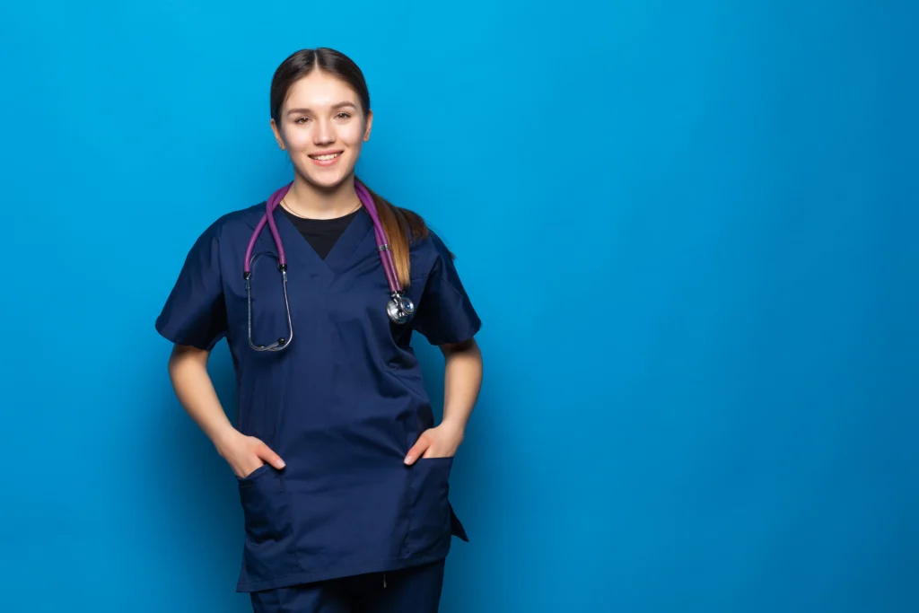 smiling female woman doctor blue