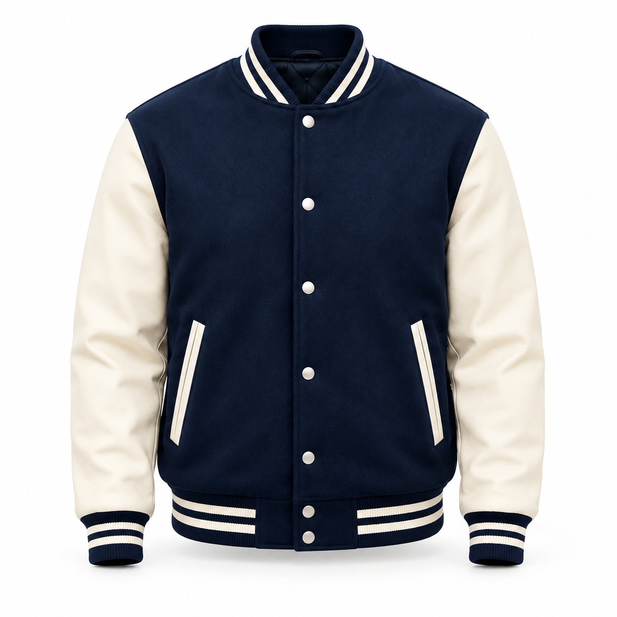 Centered navy varsity bomber jacket