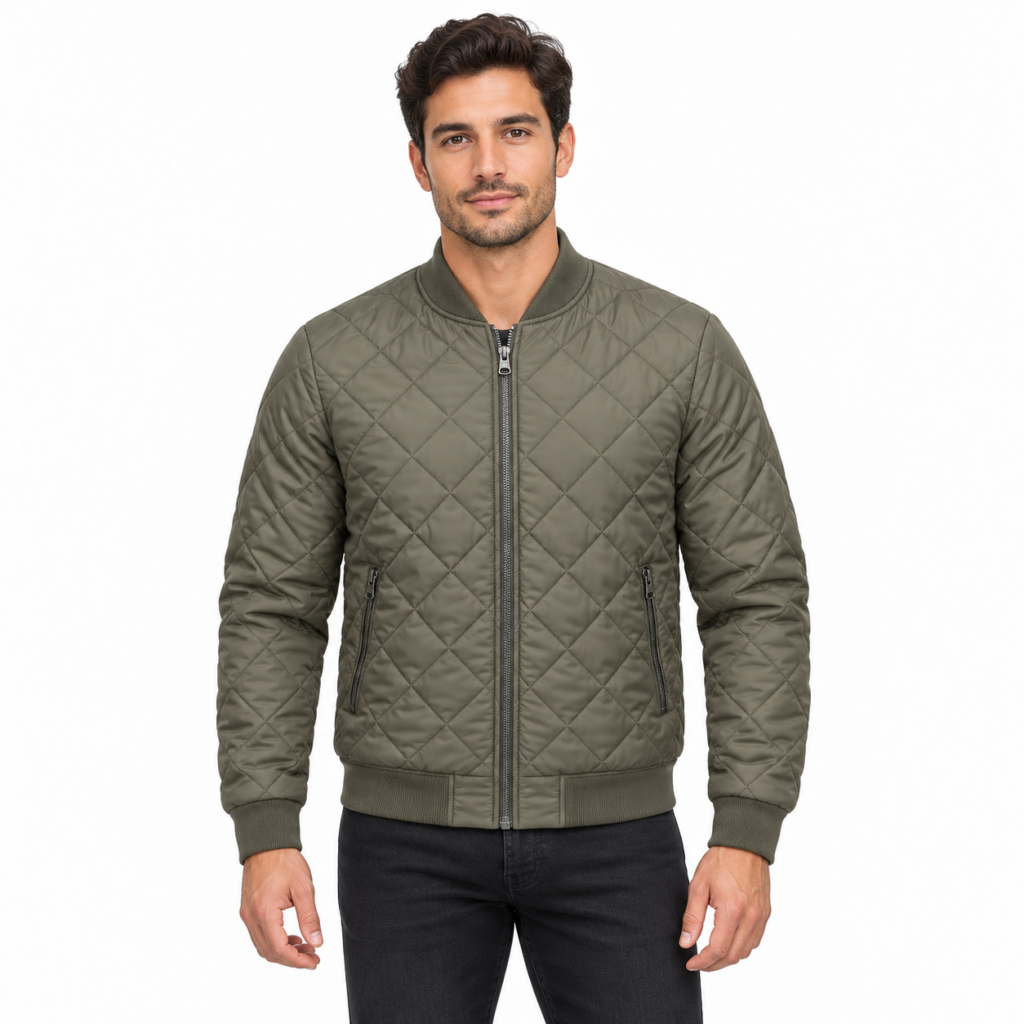 Olive quilted bomber jacket catalog portrait